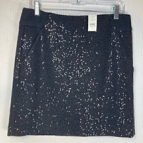 Loft Skirt Womens Size 6 Black Sequin Wool Blend Pockets Mini Date Night NWT - Picture 2 of 8